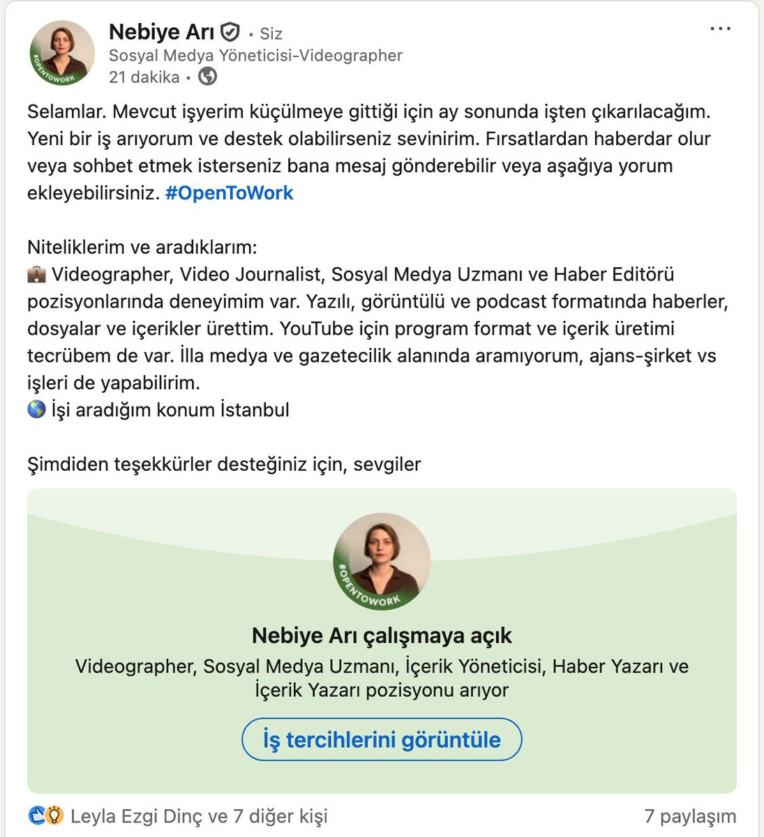 Selamlar. Mevcut işyerim küçülmeye gittiği için ay sonunda işten çıkarılacağım. Yeni bir iş arıyorum ve destek olabilirseniz sevinirim.

🌎 İşi aradığım konum İstanbul