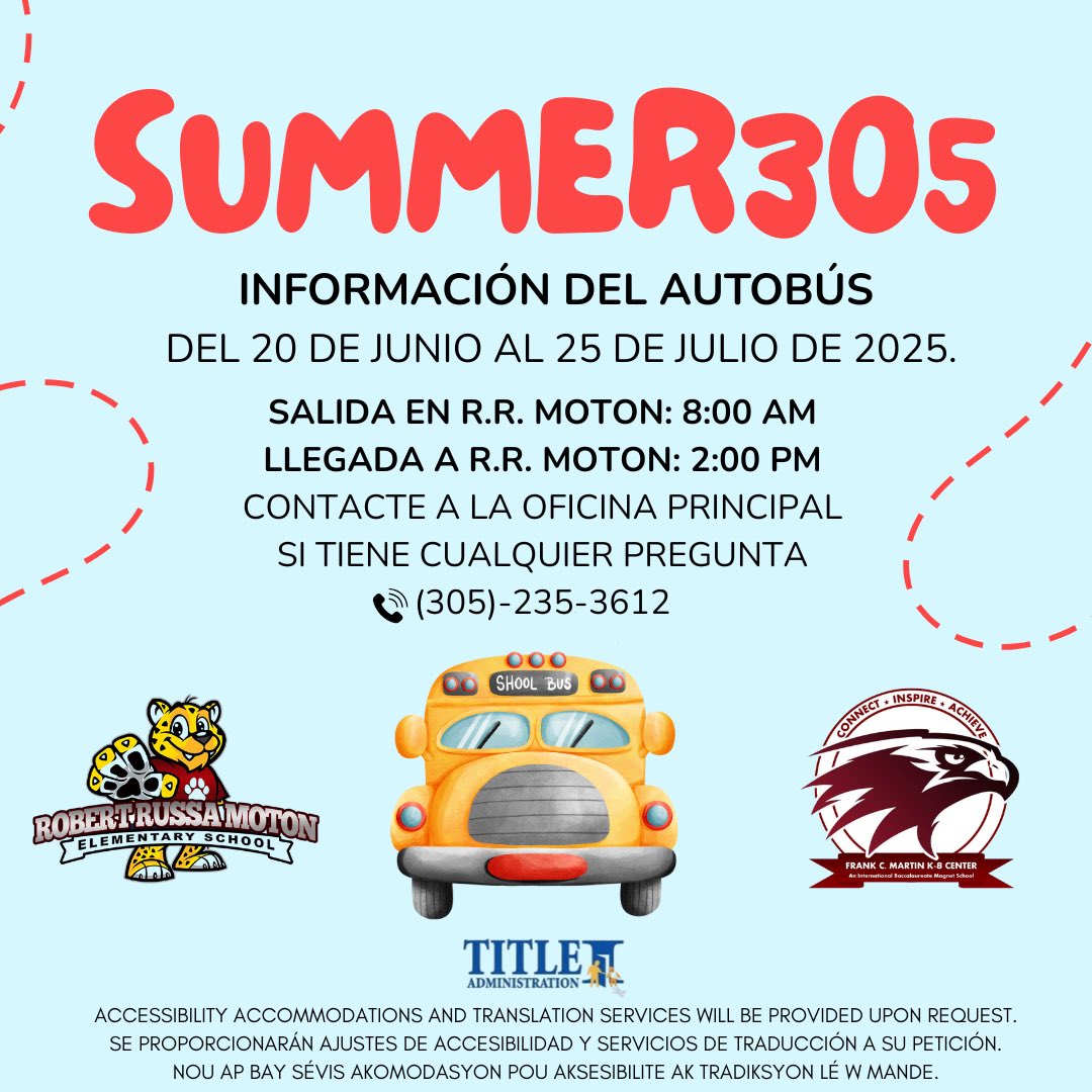 Moton Jaguars (@motonjaguars) on Twitter photo Attention Parents 📢 Shuttle Bus Information for Summer305 🐾🌟 Contact the Main Office if you have any questions 🐾 Atención Padres 📢 Información del Autobús para el Summer305. Contacte a la oficina en caso de dudas 🐾 #YourBestChoiceMDCPS <a href="/SuptDotres/">Jose L. Dotres, Ed.D.</a> <a href="/MDCPSSouth/">South Region Office</a> Attention Parents 📢 Shuttle Bus Information for Summer305 🐾🌟 Contact the Main Office if you have any questions 🐾 Atención Padres 📢 Información del Autobús para el Summer305. Contacte a la oficina en caso de dudas 🐾 #YourBestChoiceMDCPS <a href="/SuptDotres/">Jose L. Dotres, Ed.D.</a> <a href="/MDCPSSouth/">South Region Office</a>