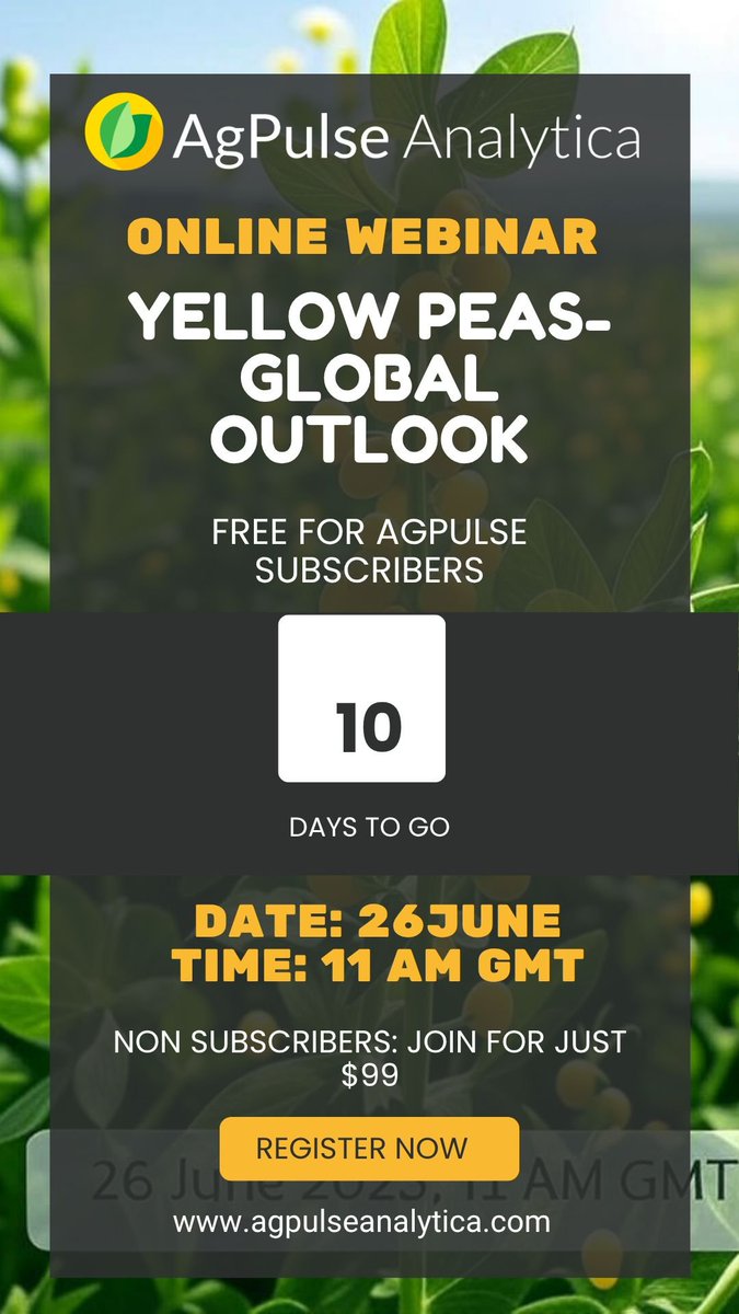 Join us for the "Yellow Peas - Global Outlook" webinar by AgPulse Analytica! 🌱📈 Free for subscribers, or join for just $99. Register now to secure your spot: lnkd.in/g9XringN. Don’t miss out—only 10 days to go! 🗓️ #YellowPeas #russia #canada #ukraine #usa #India #China