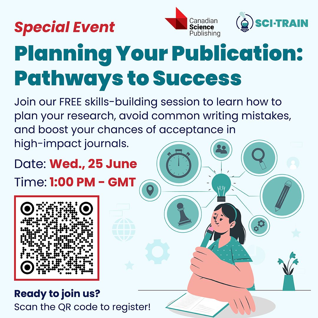 Canadian Journal of Chemistry (@canjchem) on Twitter photo NEW WEBINAR! Learn how to plan your publication, choose the right journal, write effective titles and abstracts, and understand the benefits of Open Access publishing.
📅 June 25 | 1 p.m. GMT
▶️ ow.ly/v5UA50Wa2Vx 
#ResearchSkills #OpenAccess #ECRs #AcademicWriting NEW WEBINAR! Learn how to plan your publication, choose the right journal, write effective titles and abstracts, and understand the benefits of Open Access publishing.
📅 June 25 | 1 p.m. GMT
▶️ ow.ly/v5UA50Wa2Vx 
#ResearchSkills #OpenAccess #ECRs #AcademicWriting