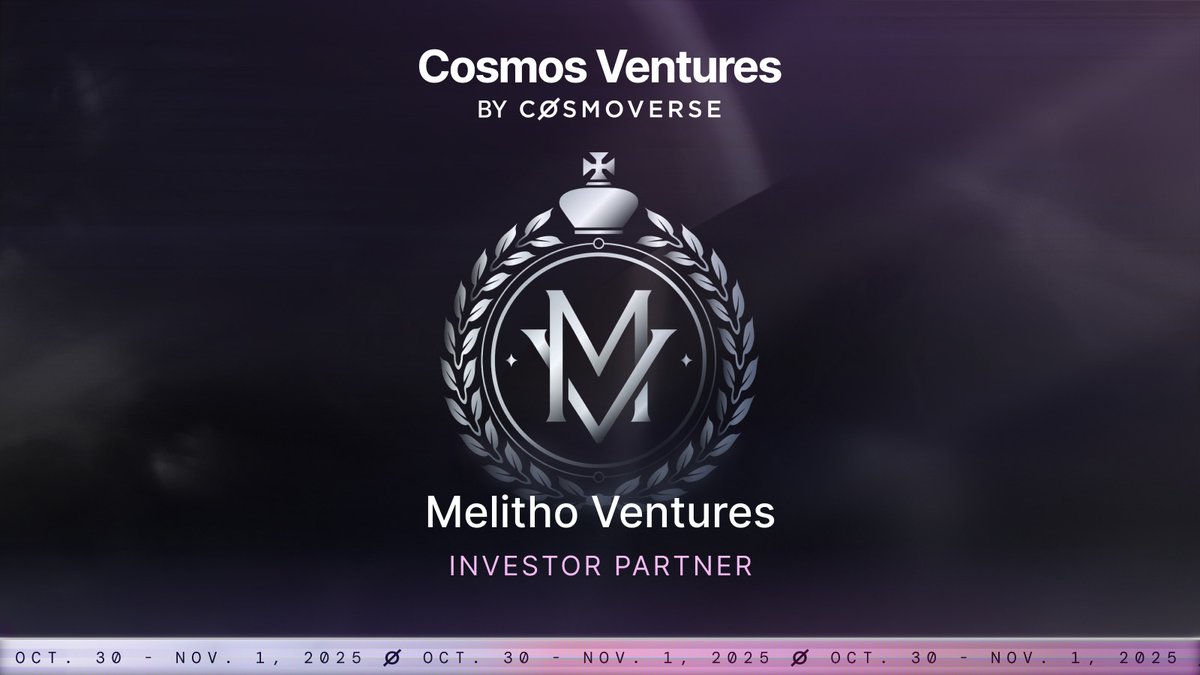 Cosmoverse | Cosmos Conference (@cosmoversehq) on Twitter photo 1/ We’re excited to welcome <a href="/MelithoVentures/">Melitho Ventures</a> as an official Cosmos Ventures Investor Partner at #Cosmoverse25
Their builder-first investment thesis is a perfect match for Cosmos Ventures mission: supporting Cosmos teams through capital, mentorship, and strategic network access. 1/ We’re excited to welcome <a href="/MelithoVentures/">Melitho Ventures</a> as an official Cosmos Ventures Investor Partner at #Cosmoverse25
Their builder-first investment thesis is a perfect match for Cosmos Ventures mission: supporting Cosmos teams through capital, mentorship, and strategic network access.