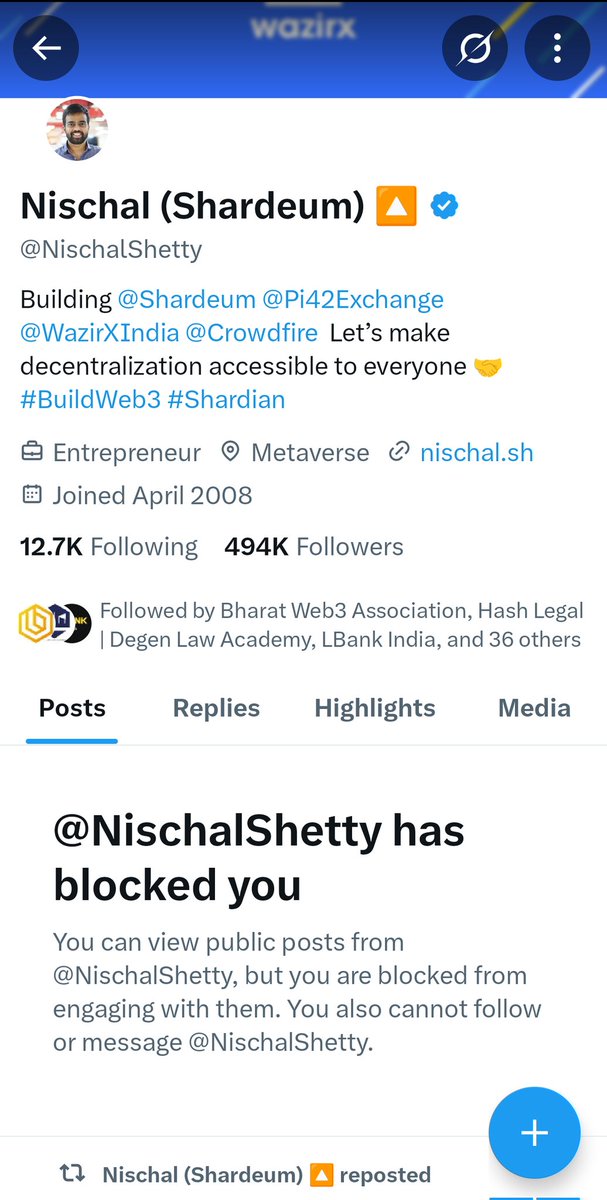 Vijay Gir 🇮🇳 (@imvijaygir) on Twitter photo You can block people, not the truth.
<a href="/NischalShetty/">Nischal (Shardeum) 🔼</a>, has now blocked me as well along with several other people because we’ve been exposing how <a href="/WazirXIndia/">WazirX: India Ka Bitcoin Exchange</a> has been misleading the community and using fake narratives to hide deeds.
They’ve called us “misleading” while doing You can block people, not the truth.
<a href="/NischalShetty/">Nischal (Shardeum) 🔼</a>, has now blocked me as well along with several other people because we’ve been exposing how <a href="/WazirXIndia/">WazirX: India Ka Bitcoin Exchange</a> has been misleading the community and using fake narratives to hide deeds.
They’ve called us “misleading” while doing