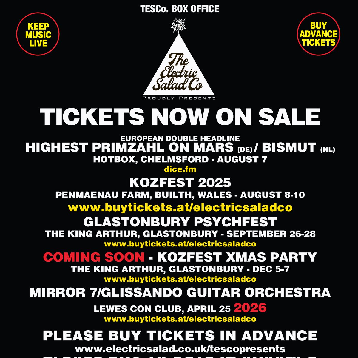 The Electric Salad Co. Presents.
Tickets available for these future events.