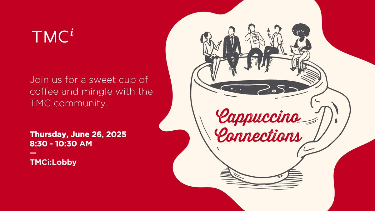 TMCInnovation's tweet image. Join us for Cappuccino Connections on June 26, 2025, from 8:30-10:30 am, to meet the TMC Innovation team and learn how we support healthcare innovation and startups.
#TMCInnovation #CappuccinoConnections #Networking #MedTech #Startups
