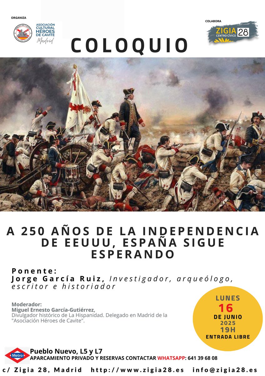 Zigia28cc's tweet image. Hoy lunes a las 19h
Reflexión histórica sobre el papel de España en la independencia de Estados Unidos y las consecuencias de su relego en la construcción del relato hegemónico.
Con Jorge García Ruiz, investigador, arqueólogo, escritor e historiador. @jorge_history y @AchCavite