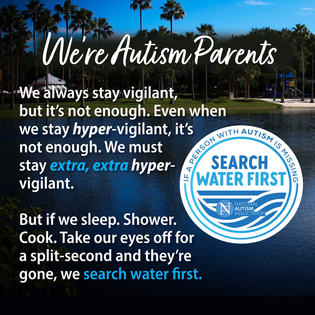 NationalAutism's tweet image. On Friday, another #autism wandering death occurred at a resort near Disney. Parents, we must add another 'extra' to our vigilance if we travel. Hotels, resorts, and unfamiliar settings significantly increase the wandering risk for children with autism. #SearchWaterFirst