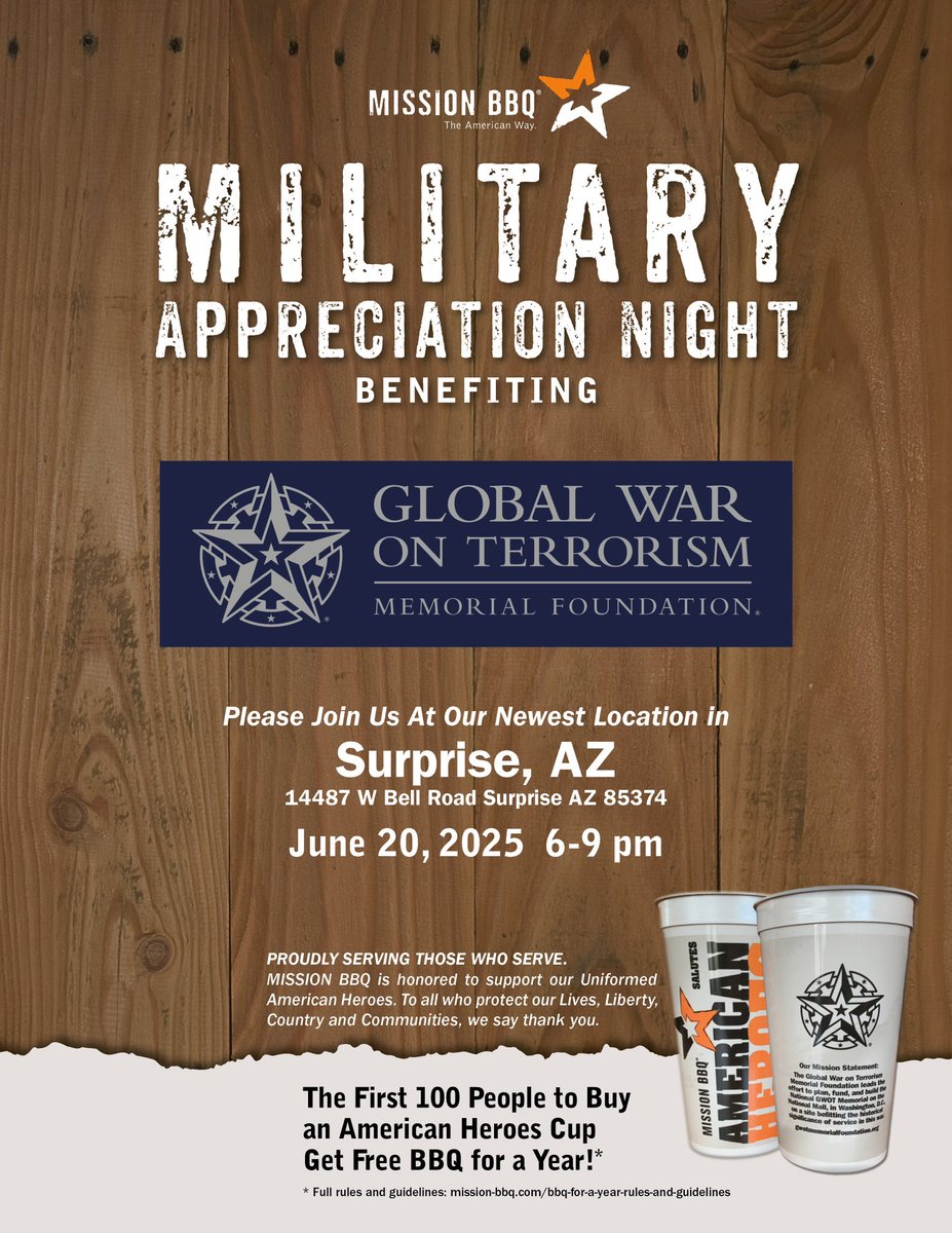 Want FREE BBQ For A Year?

Come to Military Appreciation Night at our new location in Surprise, AZ on Friday, from 6pm-9pm. Be one of the first 100 to buy an American Heroes Cup and get FREE BBQ for a year!

14487 W Bell Road
Surprise AZ 85374
