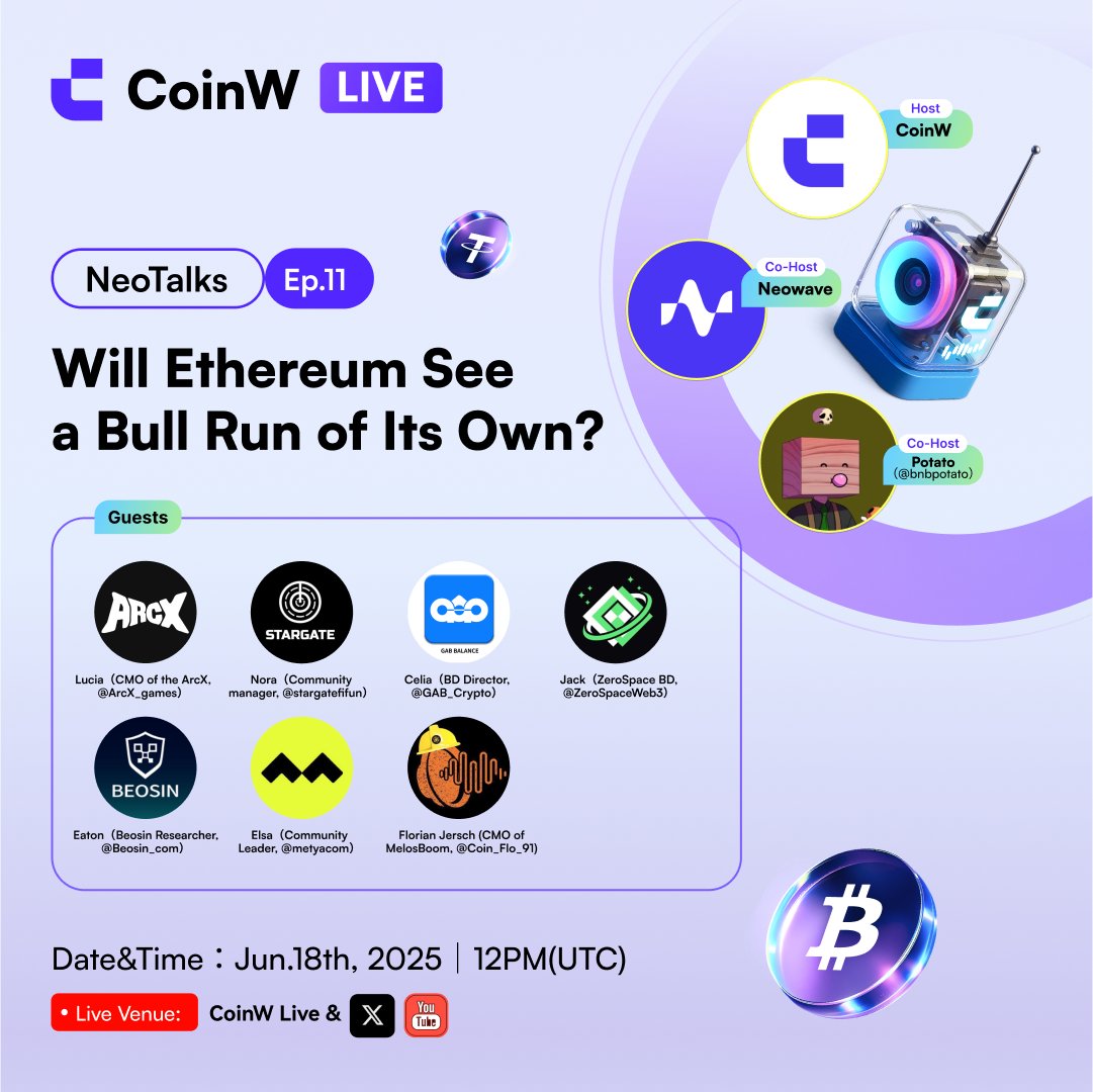 CoinWOfficial's tweet photo. 🤔 Is $ETH still worth the hype?

Join us for "NeoTalks" Ep.5 @NeowaveIO with @NeowaveIO and @DianDiCaiJing. Looking forward to an insightful discussion with our top guests: @ArcX_games, @stargatefifun, @GAB_Crypto, @ZeroSpaceWeb3, @Beosin_com, @metyacom, @Coin_Flo_91, @bnbpotato 

🎁 Drop UID in the live chat—3 winners get $50 bonus each!

🎥 https://t.co/nwYz26FBVa

#Ethereum