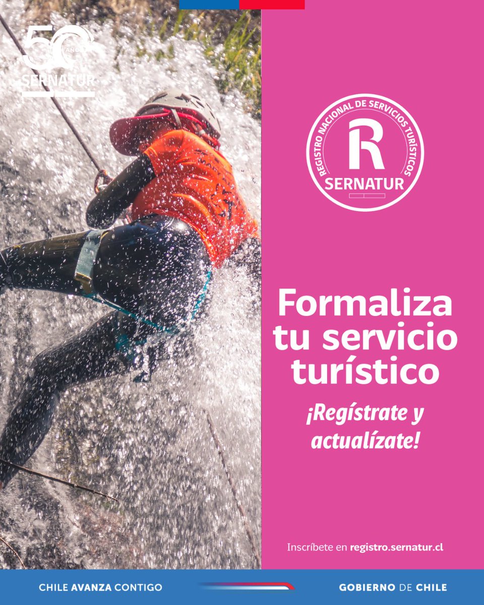 Si eres prestador o prestadora de servicios de turismo aventura, esta información es para ti. 📣

Sé parte de la oferta turística formal registrada en Sernatur y accede a capacitaciones, beneficios otorgados por el Estado y mucho más.

👉 portalserviciosturisticos.sernatur.cl
