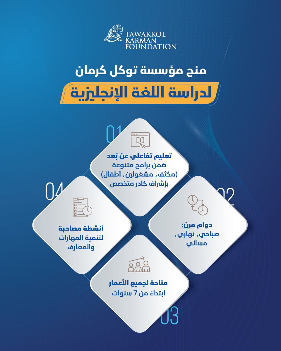 📢#منح_دراسية جزئية لتعلم اللغة الإنجليزية
تعلن #مؤسسة_توكل_كرمان عن فتح باب التقديم لمنحة جديدة ضمن برنامج #قيادات_من_أجل_المستقبل لتعلم #اللغة_الإنجليزية عن بُعد، من المستوى الأساسي وحتى التحضير لاختبارات TOEFL أو IELTS

🔗للتقديم ومعرفة التفاصيل: internship.tkif.org/e/18

#منح