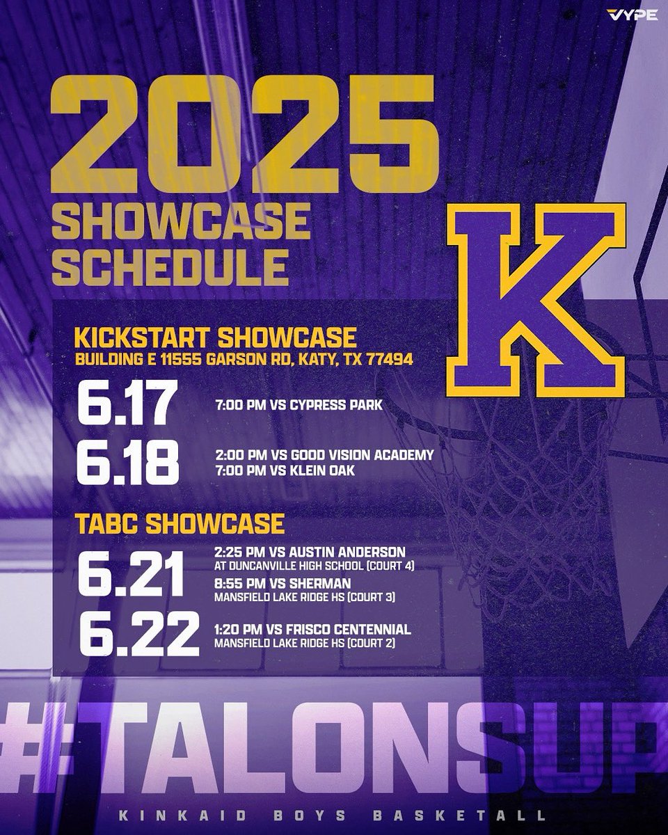The grind doesn’t stop 🏀💪 Our boys basketball squad is gearing up for a strong stretch of summer showcases — check out the schedule and come show your support! Let’s go Falcons! 🦅🔥 #TalonsUp #KinkaidBasketball #WhereYouBelong
