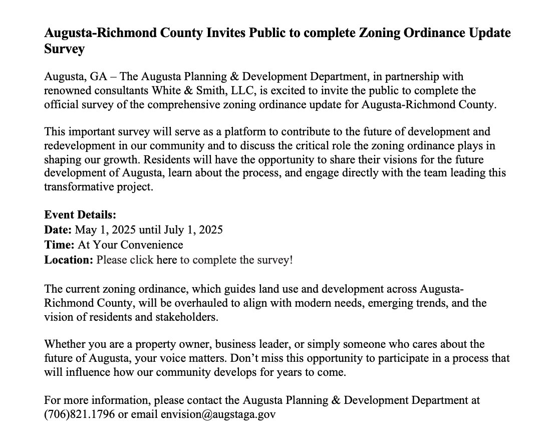 Augusta-Richmond County is updating its Zoning Ordinance, and they want YOUR input! Take a few minutes to learn about what this update means for our community.

Learn more: augustaga.gov/3280/Zoning-Or…
Take the survey: survey123.arcgis.com/share/9f0b2da7…
Help shape the future of Augusta!