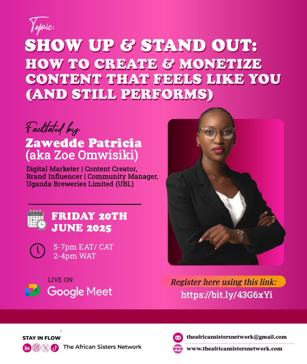 The African Sisters Network 🌍 (@africansisters_) on Twitter photo Tired of creating content just to keep up? 😮💨
Learn how to create content that sounds like you and performs.
🗓️ Friday, 20 June
🕔 5–7PM EAT/CAT | 2–4PM WAT
🎤 With <a href="/PatriciaZawedde/">Zawedde Patricia</a>
🎥 Live on Google Meet
🔗 Register: forms.gle/kmBhL3uDbuyW4h… Tired of creating content just to keep up? 😮💨
Learn how to create content that sounds like you and performs.
🗓️ Friday, 20 June
🕔 5–7PM EAT/CAT | 2–4PM WAT
🎤 With <a href="/PatriciaZawedde/">Zawedde Patricia</a>
🎥 Live on Google Meet
🔗 Register: forms.gle/kmBhL3uDbuyW4h…