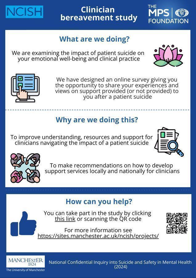 We <a href="/NCISH_UK/">NCISH</a> are asking clinicians working in mental healthcare to take part in our survey examining the impact of patient suicide on clinical practice &amp; wellbeing. If you've experienced the death of a patient by suicide &amp; would like to take part see here buff.ly/I9K5CK0