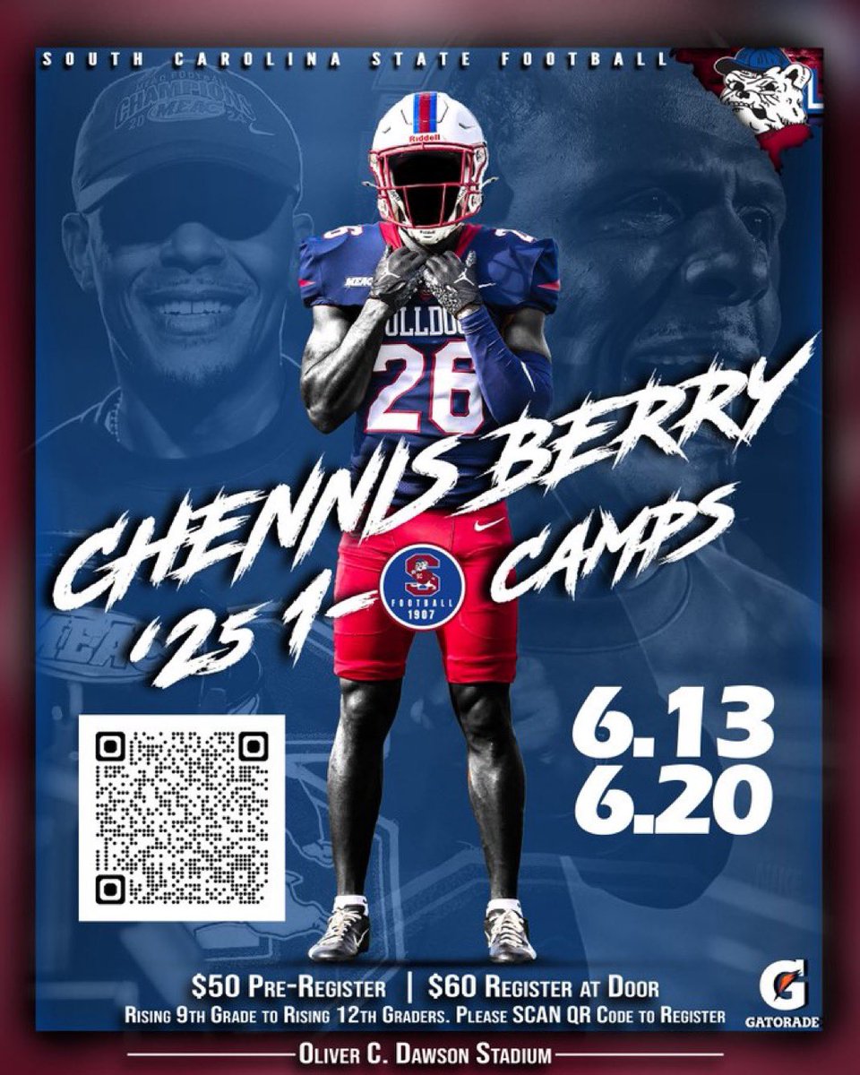 Go Dog!

Our last prospect camp of the year is 4 days away. If you missed the first camp you don’t want to miss this one. Come get coached and evaluated by our coaching staff this Friday at 9am.

#DIGDEEP
#PayTheFEE
#1-0
#BBB

southcarolinastatefootballcamps.com/chennis-berry-…