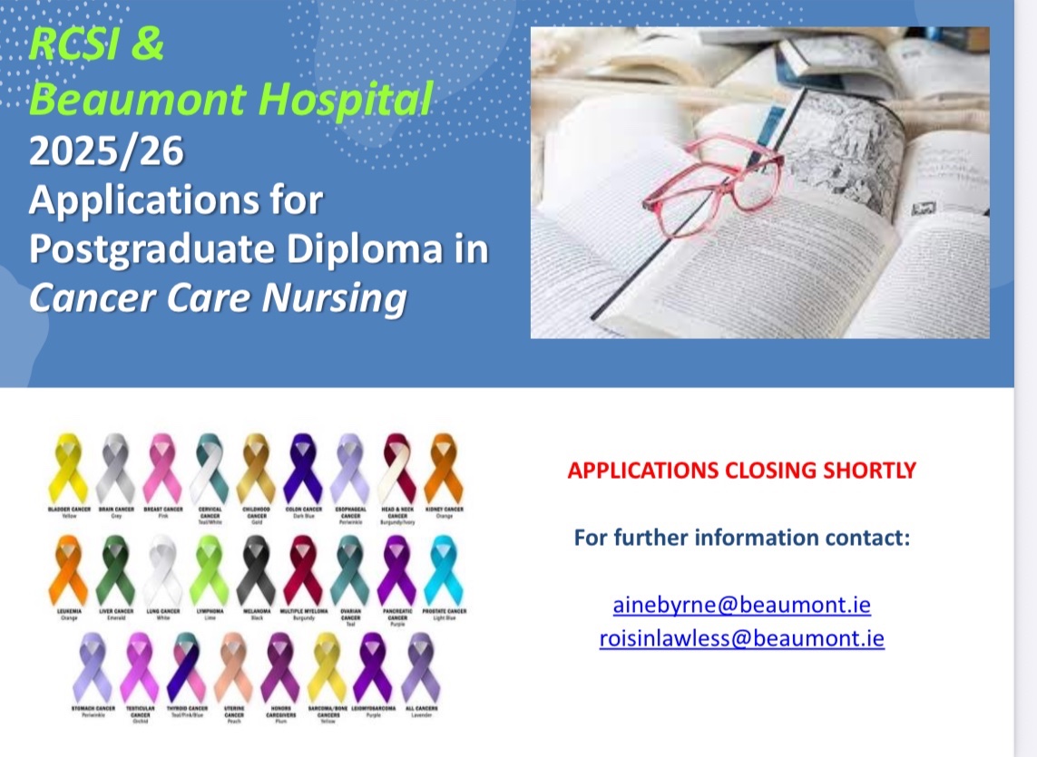 Róisín Lawless (@lawlessroisin) on Twitter photo Calling 🗣️ all cancer nurses 🔔
Applications closing shortly for our PGDip in Cancer Care.
ℹ️ for further information contact emails below ⬇️ <a href="/IANOCancerNurse/">IrishCancerNurse</a> <a href="/CancerCentreIre/">Beaumont RCSI Cancer Centre</a> Calling 🗣️ all cancer nurses 🔔
Applications closing shortly for our PGDip in Cancer Care.
ℹ️ for further information contact emails below ⬇️ <a href="/IANOCancerNurse/">IrishCancerNurse</a> <a href="/CancerCentreIre/">Beaumont RCSI Cancer Centre</a>