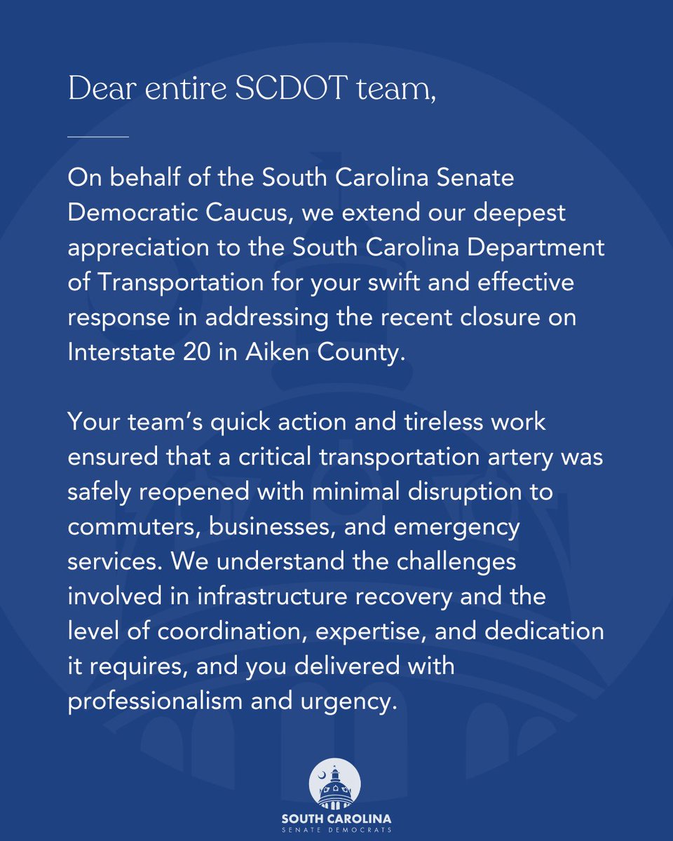 SCSenateDems's tweet image. Dear entire SCDOT team