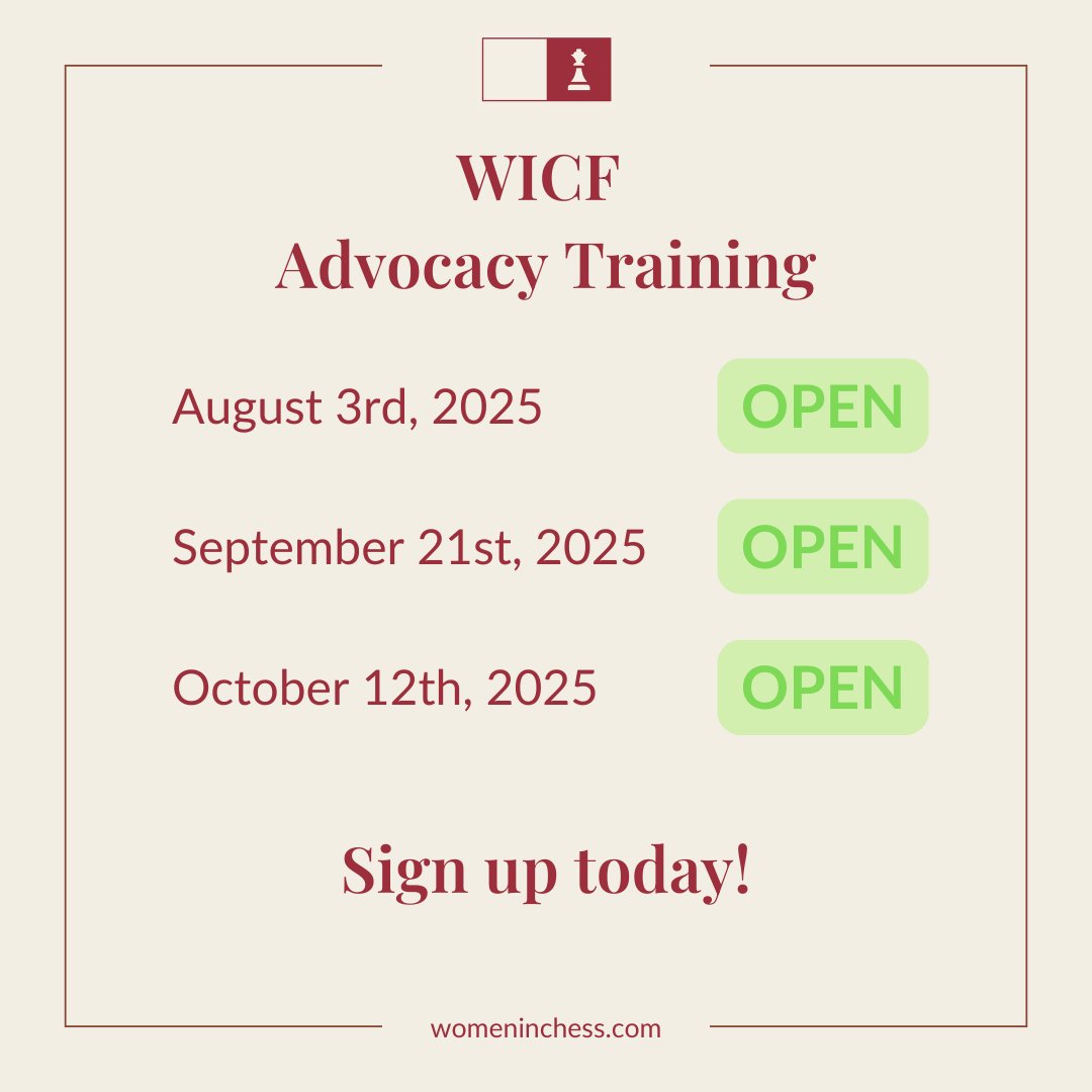 After a temporary pause on Advocacy Training, WICF is happy to announce that we will resume training this August!

If you are interested in learning how to make your community a safer place, sign up to become an Advocate at: womeninchess.com/become-an-advo…