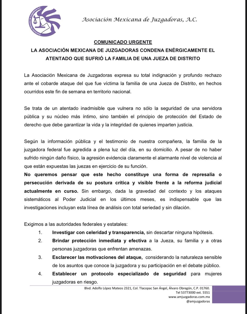 📢 #COMUNICADO URGENTE
Atentan contra la familia de una jueza federal.
La AMJAC condena con firmeza el atentado contra la familia de una Jueza de Distrito y exige protección inmediata, investigación seria y un alto a la violencia contra quienes imparten justicia.
#AMJAC