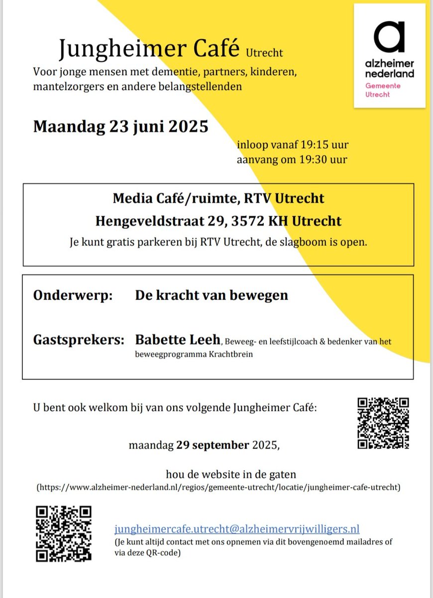 Gastspreker Babette Leeh neemt u mee op maandag 23 juni in een verdiepend verhaal over de kracht van beweging bij jongdementie. Locatie: het Media Café, RTV Utrecht.