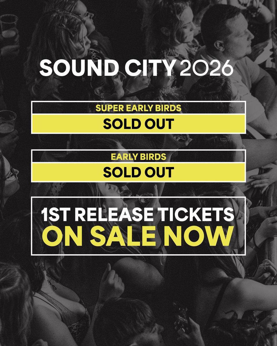 Liverpool Sound City (@soundcity) on Twitter photo ๐ฃ 1ST RELEASE TICKETS NOW ON-SALE! Grab yours: soundcity.seetickets.com
After an iconic 2025 festival and conference, next year's Super Early Birds and Early Birds ticket tiers sold out in record time ๐คฏ
We're joined by thousands of new music lovers each year in Liverpool City ๐ฃ 1ST RELEASE TICKETS NOW ON-SALE! Grab yours: soundcity.seetickets.com
After an iconic 2025 festival and conference, next year's Super Early Birds and Early Birds ticket tiers sold out in record time ๐คฏ
We're joined by thousands of new music lovers each year in Liverpool City