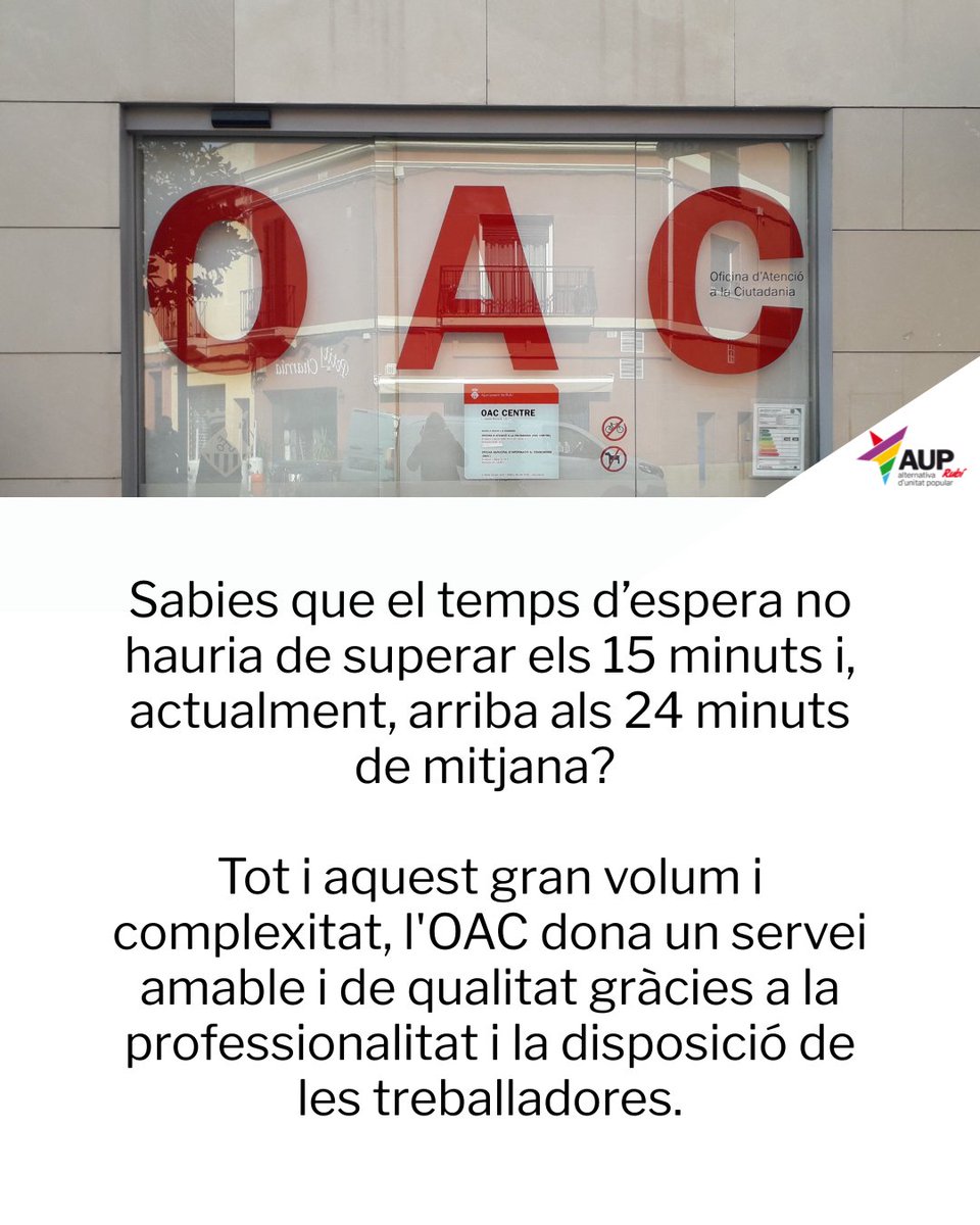AUP_Rubi's tweet image. Nova proposta al ple de juny per millorar l&apos;OAC de #rubicity

Les instal·lacions i els recursos humans disponibles resulten insuficients per 82.000 habitants.

Aquest fet provoca massa temps d&apos;espera, una major càrrega de treball per al personal i queixes entre la ciutadania.