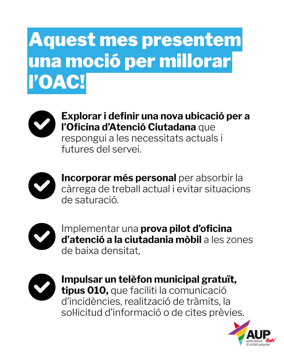 AUP_Rubi's tweet image. Nova proposta al ple de juny per millorar l&apos;OAC de #rubicity

Les instal·lacions i els recursos humans disponibles resulten insuficients per 82.000 habitants.

Aquest fet provoca massa temps d&apos;espera, una major càrrega de treball per al personal i queixes entre la ciutadania.