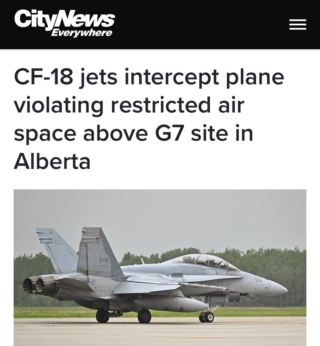 BREAKING: A plane flies into restricted G7 airspace

Canada responds with a 40-year-old CF-18. Flying scrap metal

Other countries have F-35 Lightning II 

We’re hosting the most powerful leaders on Earth—and our defense plan is a museum relic.

This is not a serious country. 🇨🇦
