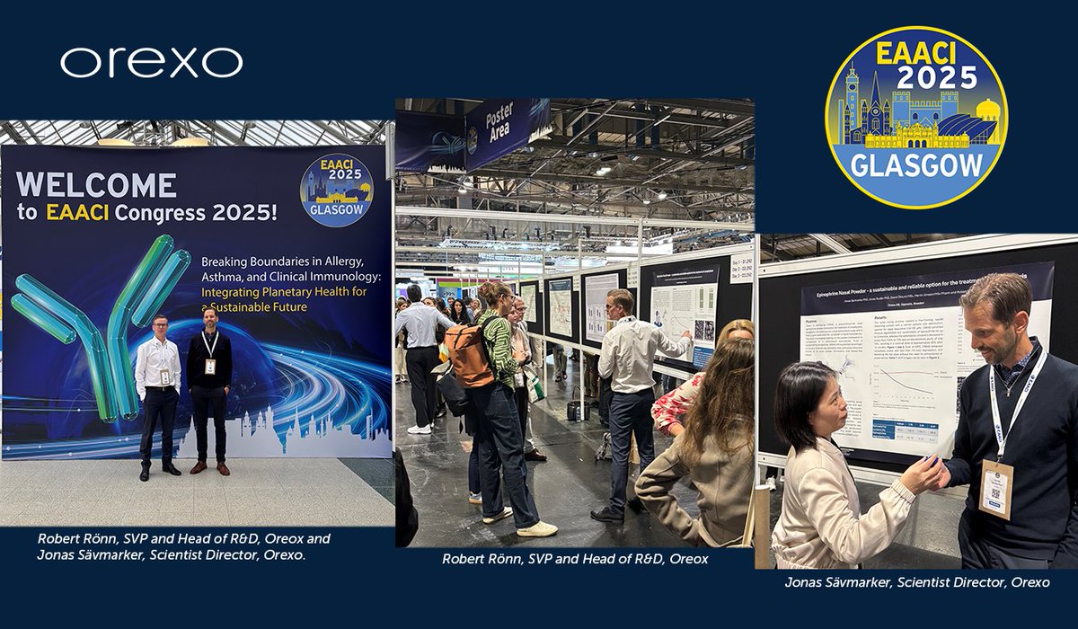This wknd 2(2): #Orexo SVP &amp; Head of RnD &amp; our Scientific Dir. also attended #EAACI2025. Both presented a research poster ‘Epinephrine Nasal Powder – a sustainable and reliable alternative for the treatment of #anaphylaxis’, which highlighted OX640´s superior stability profile.