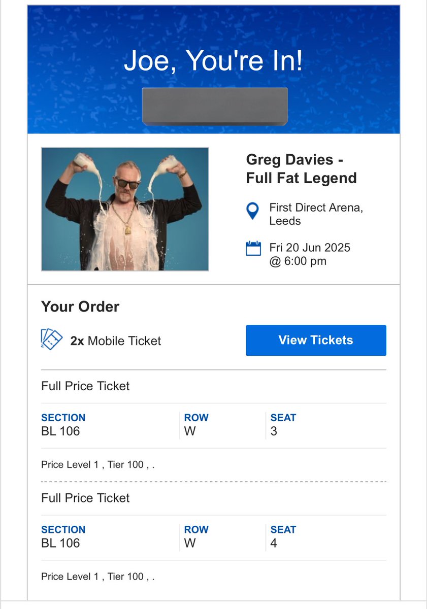 JoeeeyHyndmannn's tweet image. Selling 2 x Greg Davies stand up tickets at the First Direct Arena in Leeds. Can’t make this now due to family commitments. Bought them for £60 each. I’ll sell them for £40 each #GregDavies #StandUp #Taskmaster #Tickets #ForSale #TicketsForSale