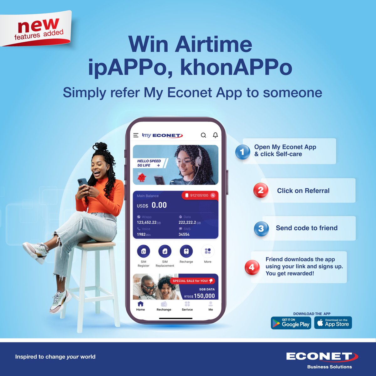 The My Econet App just got better.

Refer your friends and win airtime instantly.

Here is how:

✅ Open My Econet App
✅ Tap Self-care → Referral
✅ Share your code
✅ Friend signs up = You get rewarded.