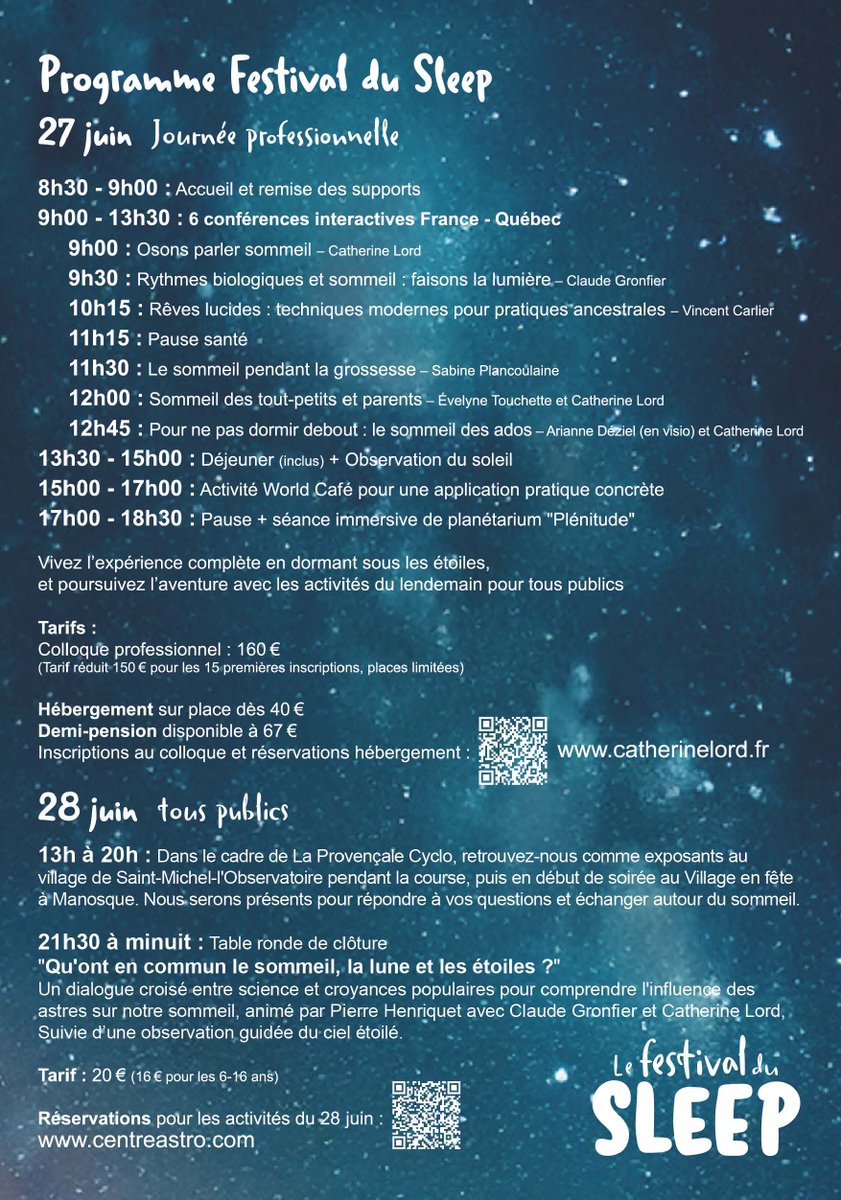 INSV (@insv_sommeil) on Twitter photo 🛏️ Le Festival du Sleep, c’est les 22 & 23 juin au
📍 Centre d’Astronomie – Saint-Michel l’Observatoire (04)
🎙️ Le Dr <a href="/CGronfier/">claude Gronfier</a> , Secrétaire général de l’INSV, y parlera rythmes biologiques & sommeil 🌙🧠
🔗 catherinelord.fr/festival-du-sl…
#INSV #Sommeil #Chronobiologie #BienDormir 🛏️ Le Festival du Sleep, c’est les 22 & 23 juin au
📍 Centre d’Astronomie – Saint-Michel l’Observatoire (04)
🎙️ Le Dr <a href="/CGronfier/">claude Gronfier</a> , Secrétaire général de l’INSV, y parlera rythmes biologiques & sommeil 🌙🧠
🔗 catherinelord.fr/festival-du-sl…
#INSV #Sommeil #Chronobiologie #BienDormir