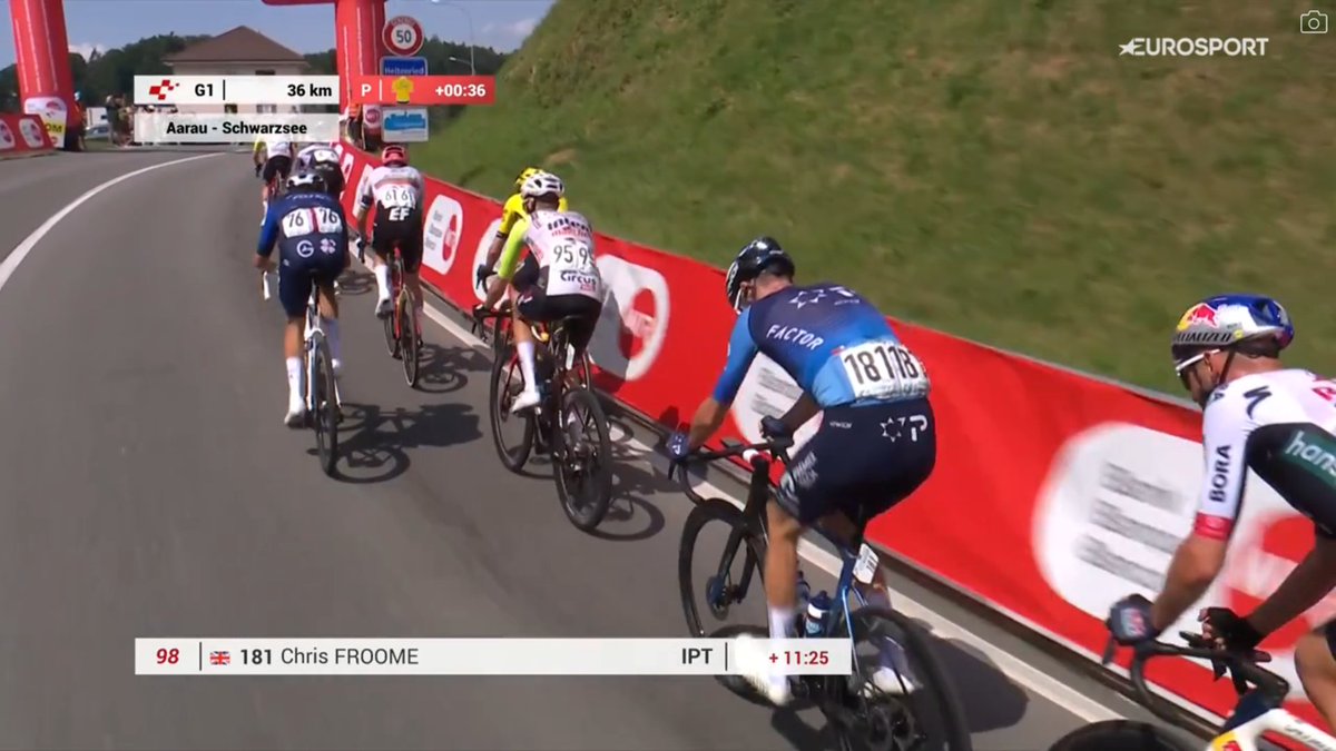 Christopher Froome dropped from the peloton. A 5th Tour de France victory this July looks quite unlikely.

#TourdeSuisse