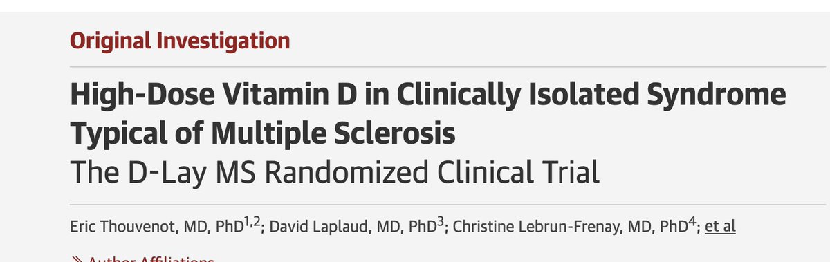 "Oral #cholecalciferol 100 000 IU every 2 weeks significantly reduced disease activity in #CIS &amp; early relapsing-remitting #MultipleSclerosis. These results warrant further investigation, including potential role of pulse high-dose vitamin D..." doi.org/10.1001/jama.2…