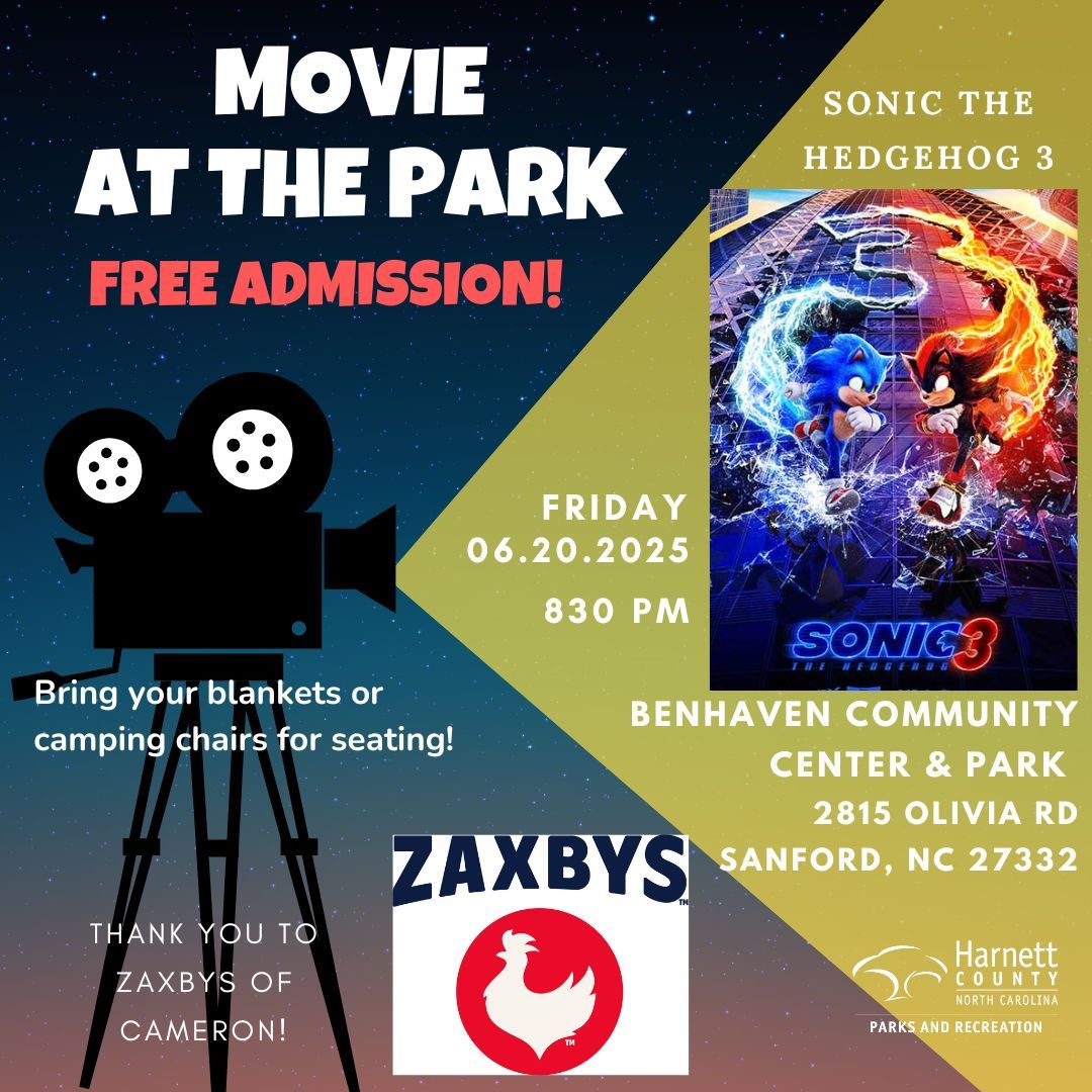 HarnettCoParks's tweet image. Join us for a FREE Family Movie Night at the Benhaven Community Center & Park this Friday, June 20! We will be showing "Sonic the Hedgehog 3". Movie will start around 830pm.
We are so very thankful for the support from Zaxbys of Cameron for this event!