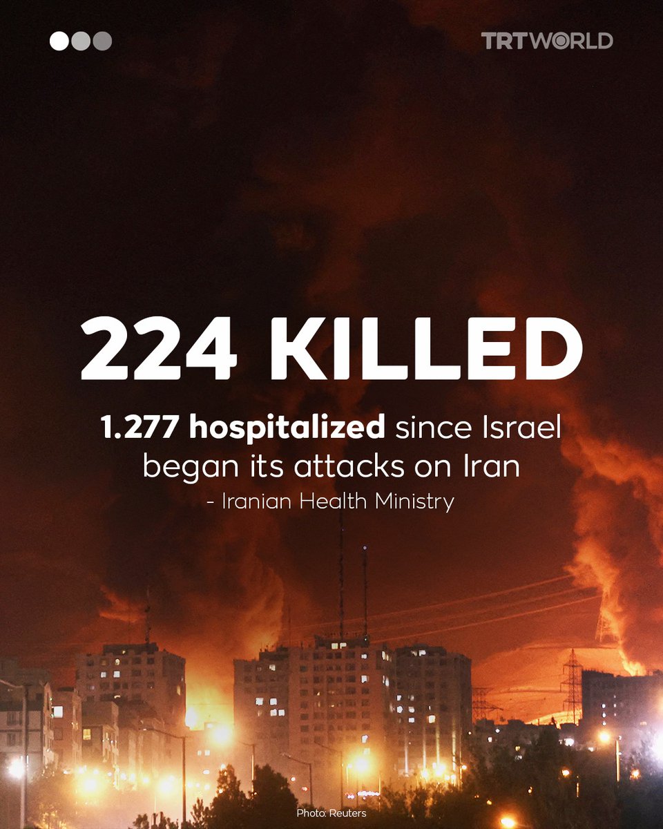 aliyaasjad's tweet photo. According to Iran's health ministry, 224 people have been killed since Israel started its assault on Friday. In a social media post, Spokesperson Hossein Kermanpour stated that 1,277 others have been hospitalized, claiming that over 90% of the victims are civilians.
#iranisraelw https://t.co/S4WnLV5NKs