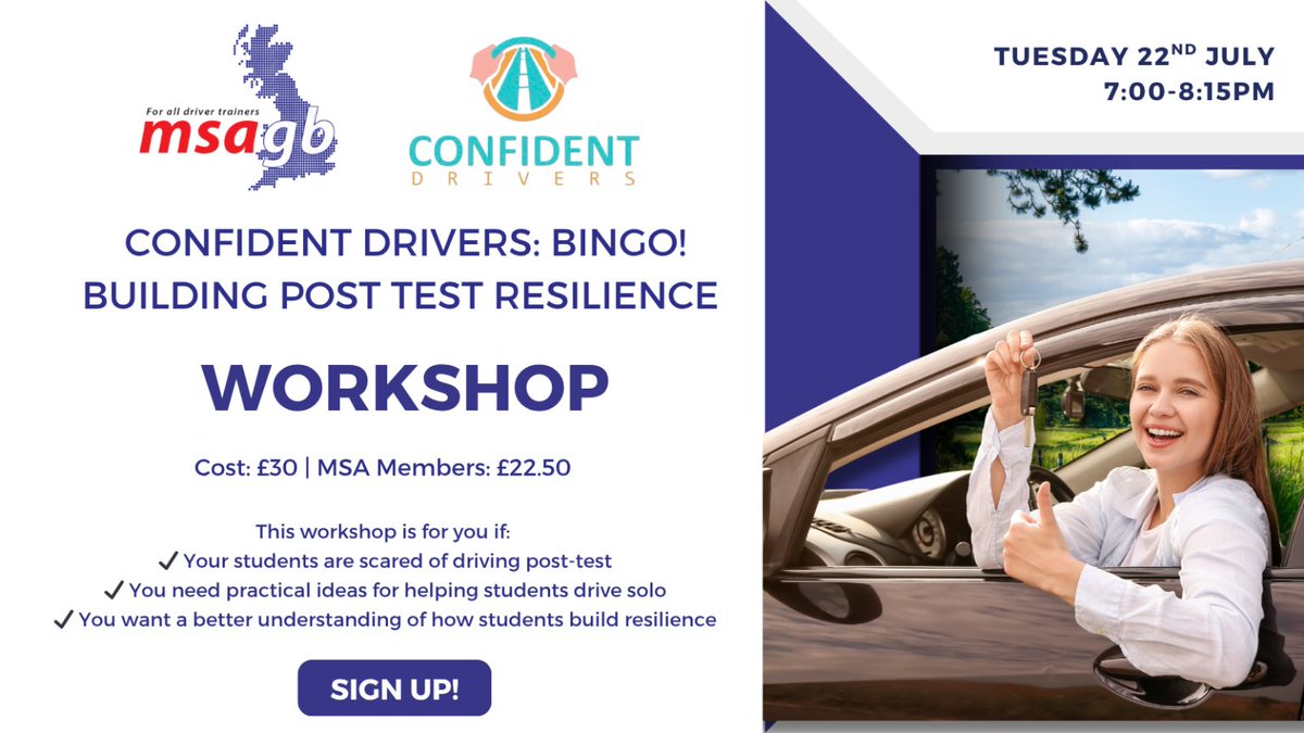 Ever had a student pass, then panic about solo driving? MSA GB members get an exclusive 25% discount on Confident Drivers' brand new ‘Building Post Test Resilience Workshop’ (22nd July)—just £22.50. Don’t miss out. Book now. tinyurl.com/mr8x2xf9