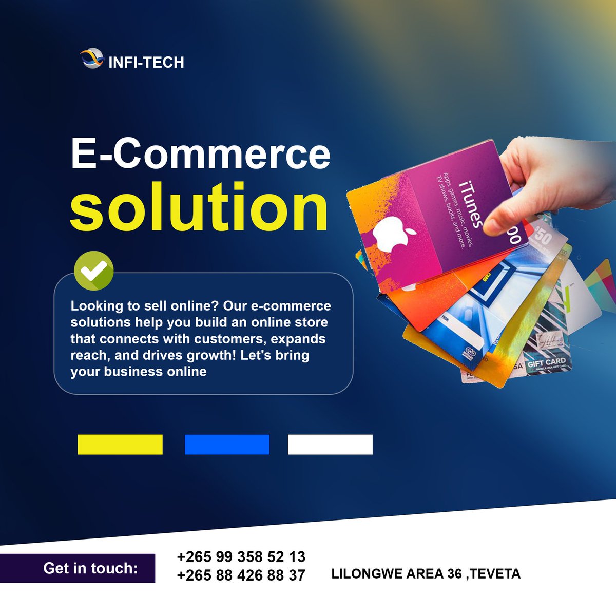 infitechmw's tweet image. E-Commerce Solutions
Sell online with ease! INFI-TECH helps you build a secure, user-friendly online store that connects with customers and boosts sales.

📍 Lilongwe Area 36, TEVETA
📞 +265 99 358 52 13🌐 infi-tech.net
 
#EcommerceSolutions #SellOnline #InfiTech