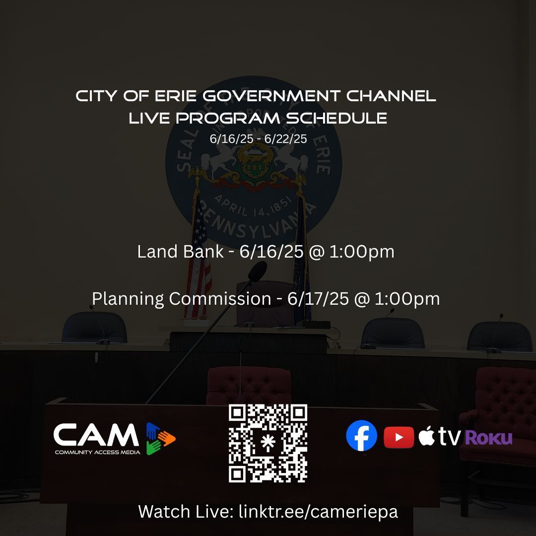 CAMEriePA's tweet image. Our weekly live programming lineup for the week of 6.16.25 to 6.22.25.  Explore our full schedule at camerie.org/vod. Catch the live broadcasts on Roku or Apple TV by installing our CAMEriePA app. #CAMERIEPA #LIVEPROGRAMMING #CITYOFERIE