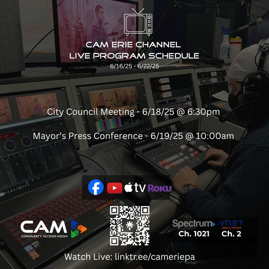 CAMEriePA's tweet image. Our weekly live programming lineup for the week of 6.16.25 to 6.22.25.  Explore our full schedule at camerie.org/vod. Catch the live broadcasts on Roku or Apple TV by installing our CAMEriePA app. #CAMERIEPA #LIVEPROGRAMMING #CITYOFERIE