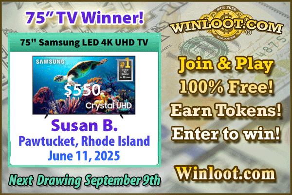 🥳Big congrats to Susan B. of Pawtucket, Rhode Island, #Winner of the 75" Samsung ($550) #Giveaway!🏆📺

✔️Play Winloot:ow.ly/Pruo50Wa2FG
✔️Earn Tokens!
✔️Enter to #win cash, prizes, gift cards!
💯100% FREE!🆓