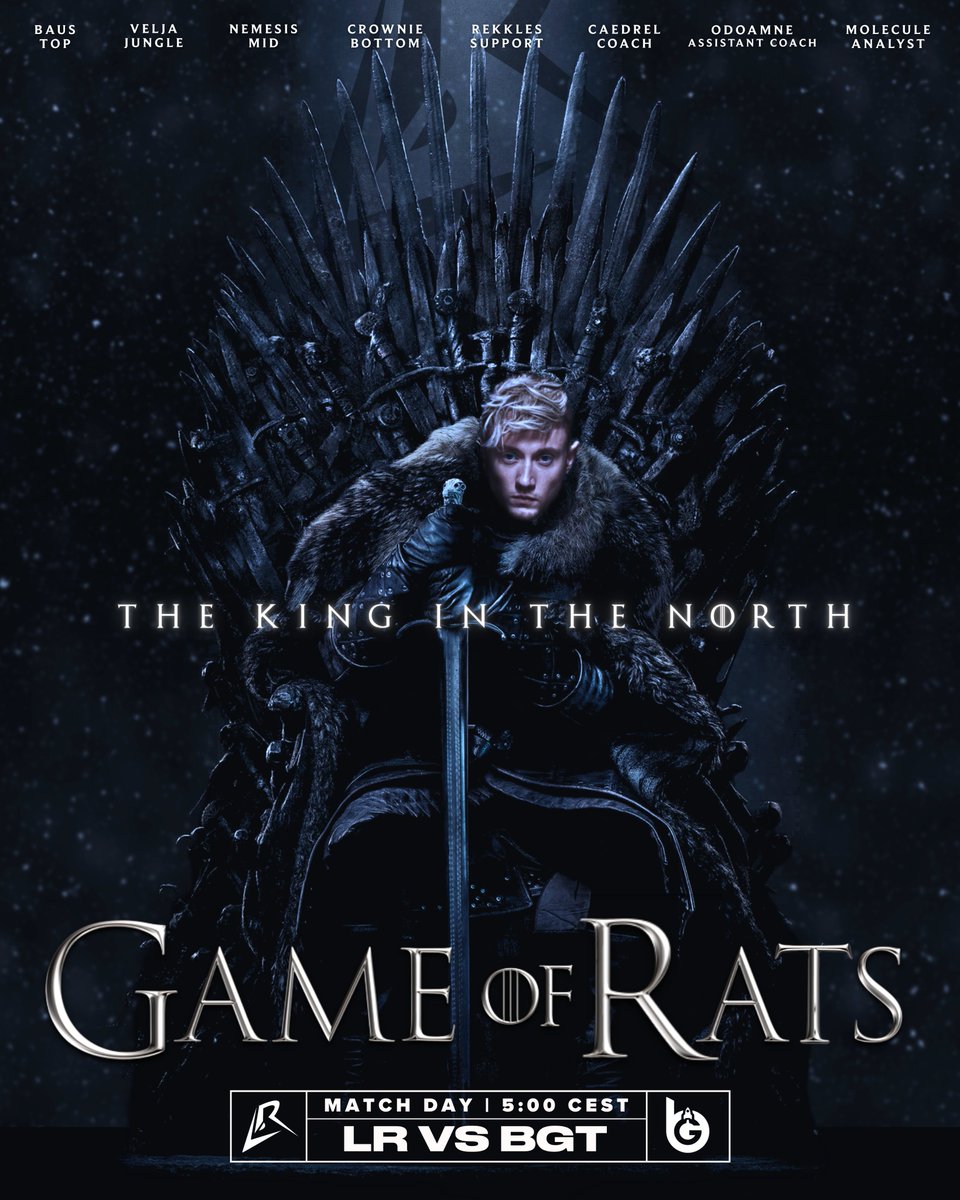 LosRatoneslol's tweet photo. THIS ONE'S FOR THE NORTH

⚔️ Quarterfinals. One step closer. The Iron Throne is within reach.

🕔 5PM CEST vs. @Boostgateesport https://t.co/Zc9Z4L1fDC