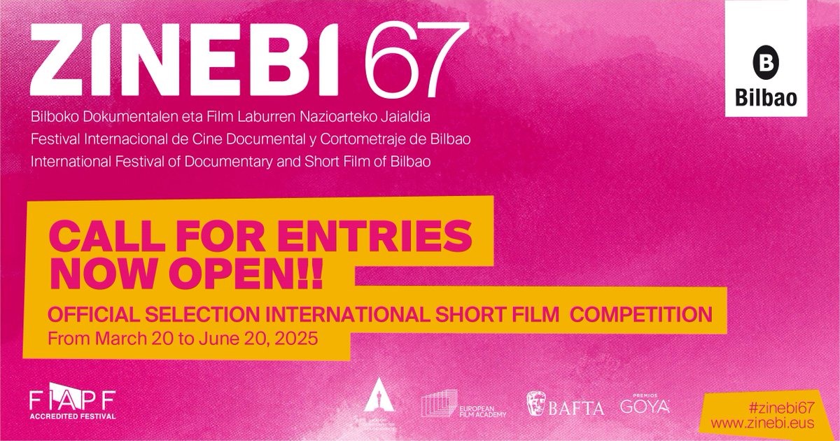 📣LAST DAYS!
Filmmakers and production companies have until 20 June to submit their short fiction, animation or documentary films (up to 30 minutes long) to participate in the International Short Film Competition at the 67th ZINEBI.
More information➡️zinebi.eus