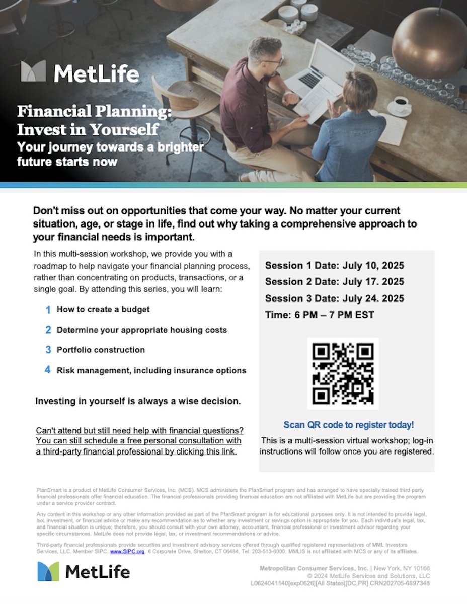 TEHWOfficial's tweet image. Local 689 Members: Don't miss out on opportunities to take control of your financial future!
This July, join Metlife for a multi-session webinar series that will guide you through a comprehensive approach to financial wellness.
Scan the QR code on the flyer to register!