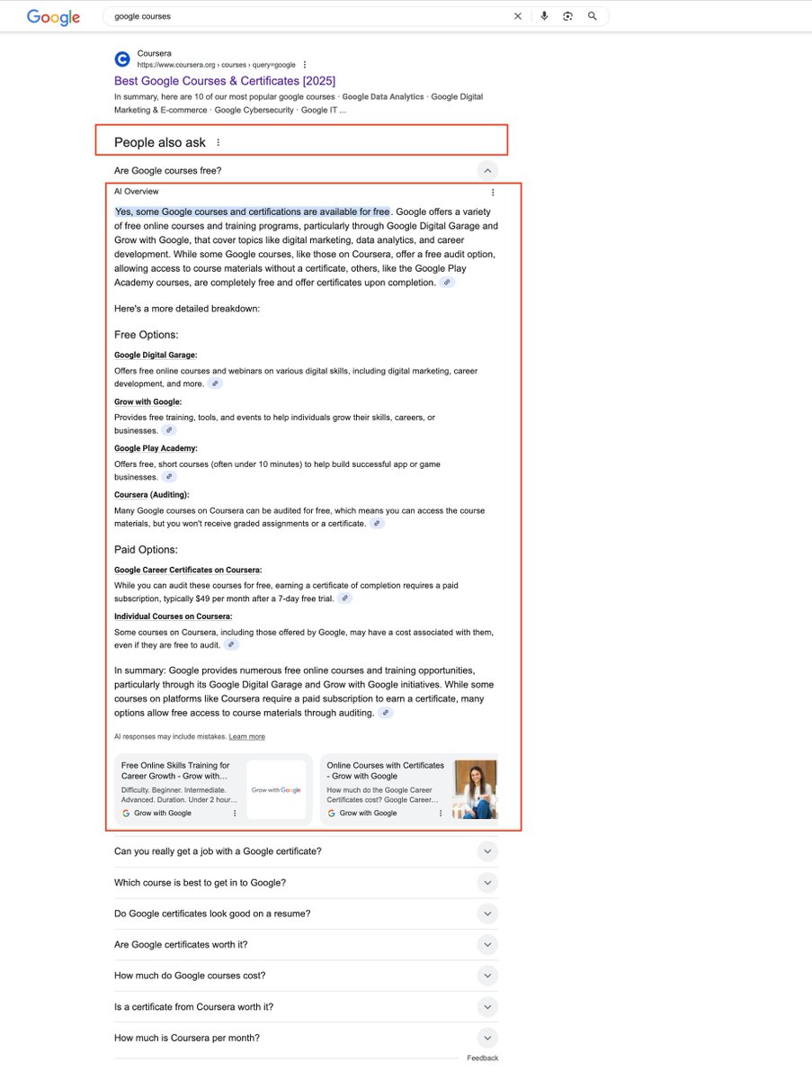 EmilyYetzer's tweet photo. This is new right?! Google AI Overview is now answering PAAs? https://t.co/eh15CHhSS0