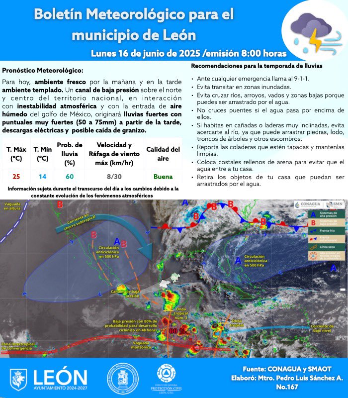 🌤️ Pronóstico del clima en León – 16 de junio del 2025
🔹 Temperatura: Entre 14°C y 25°C
🔹 Lluvias: 60%

📌 Recomendaciones de la SSPPCL:
☔ Lleva impermeable o paraguas
🚗 Conduce con precaución y enciende las luces
⚠️ No cruces zonas encharcadas.