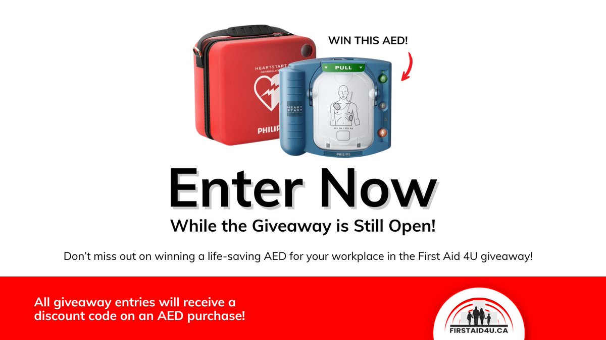 FirstAid4U_Inc's tweet image. Only 2 days left! Your chance to win a FREE AED for your Ontario business is almost over.

Every second counts during cardiac arrest — and an AED on-site could save a life.

Enter now: firstaid4u.ca/win-a-life-sav…

#AEDGiveaway #FirstAid4U #SafetyMatters #OntarioBusiness