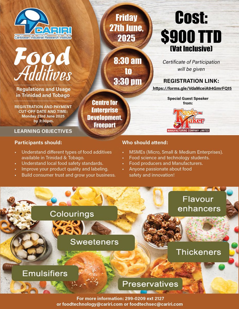 Ready to crack the code on food additives? 🍽  

Join us for our Food Additive Workshop and learn how local regulations impact what’s on your plate and on your labels!

 Secure your spot now: cariri.com/services/food-…

 Registration closes: Monday 23rd June, 2025 @ 3:30 PM