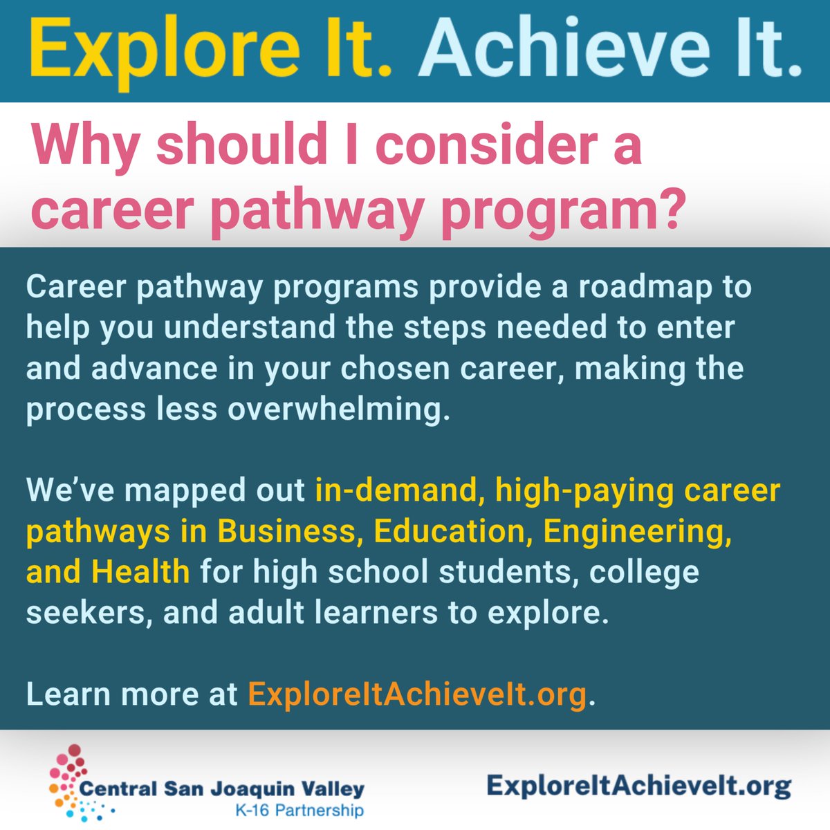 FresnoK16's tweet image. A career pathway is more than just a job—it’s your journey toward a fulfilling and sustainable future in a field you love. We’ve highlighted 4 in-demand, high-paying career pathways for students and adult learners. 
Ready to explore? Visit ExploreItAchieveIt.org to learn more!