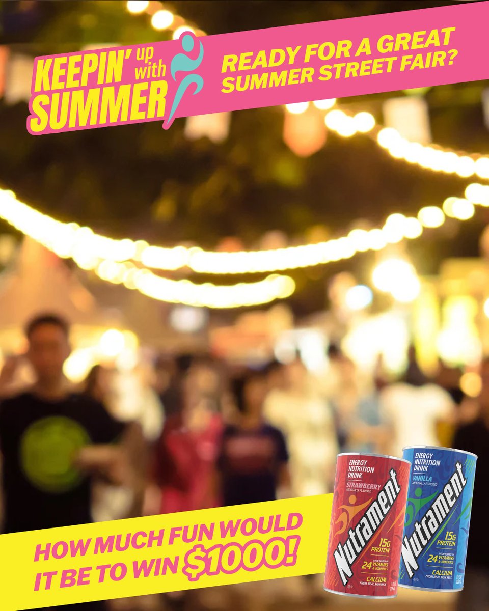 Do you have a favorite summer street fair? Tell us for a chance to win a $1,000 gift card! Weekly prizes, too! Must use hashtag #NutramentSummerPromotion. 18+ to enter. Official Rules: nutrament.com/rules​

#Nutrament #KeepingUpWithSummer #FuelYourNow #BlockParty #StreetFair